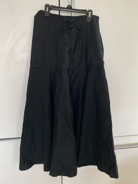 Vtg 1980s Kansai Yamamoto Black Lace Up Front Midi Skirt Size M